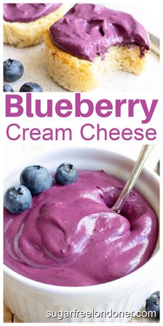 blueberry cream cheese in a white bowl with fresh blueberries on the side and text overlay