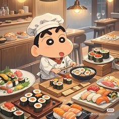 a cartoon character is eating sushi and chopsticks in front of him on the table