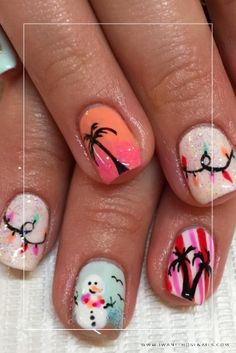 Get ready to feel the tropical vibes this holiday season with these 20+ stunning Tropical Christmas nail designs! From palm trees to flamingos, we've got creative art designs for every style. Choose from a variety of simple yet elegant acrylic or gel ideas to complete your festive look. Don't miss out on these amazing Tropical Christmas nail designs that will have you feeling like you're on vacation 🌴🎄💅 Tropical Nail Ideas, Palm Tree Nails, Tropical Nails