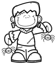 a black and white drawing of a cartoon character holding a spider in one hand, with the