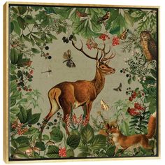 an image of a deer and other animals in the forest with leaves, berries, butterflies and flowers