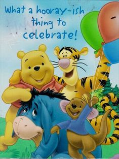 winnie the pooh and friends birthday card with balloon, tiger, piggy, tigger