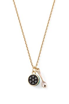 In collaboration with Caviar Kaspia. This charm necklace includes a caviar tin made of pavé black diamonds with turquoise enamel, and a spoon with pearlized enamel and a black diamond piece of "caviar" detailed with Kaspia's logo at the handle. Caviar Kaspia, Caviar Spoon, Cartier Necklace, Alison Lou, Band Necklace, Spoon Jewelry, Black Diamonds, Fine Jewelry Designers, Treasure Hunt