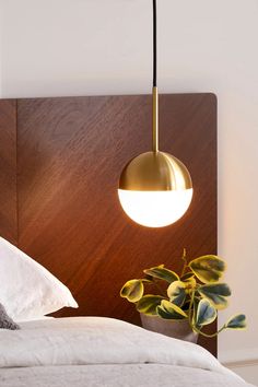 a bedroom with a bed, plant and light fixture on the headboard in front of it