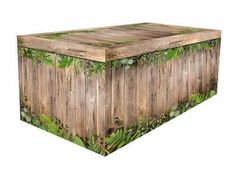 a wooden box with vines and leaves painted on the sides, sitting in front of a white background