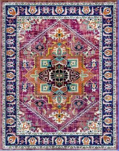 a colorful rug with an ornate design on the front and back side, in purple tones