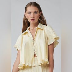 Maddie Polo Shirt In Vanilla Rue Stiic Elegant Yellow Summer Shirt, Chic Collared Summer Tops, Elegant Collared Yellow Tops, Elegant Yellow Collared Tops, Elegant Yellow Tops For Daywear, Chic Yellow Collared Top, Chic Yellow Short Sleeve Tops, Feminine Collared Top For Day Out, Chic Short Sleeve Shirt For Spring