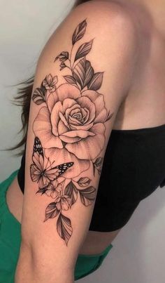 #tattoo #tattoos #tattooart #tattoodesign #tattoodesign #tattoogirl #tattoosleeve #tattooflower Fine Line Flower Tattoo, Line Flower Tattoo, Name Flower Tattoo, Tats Ideas, Butterfly With Flowers Tattoo, Mama Tattoo, Rose Tattoos For Women, Yakuza Tattoo, Red Rose Tattoo