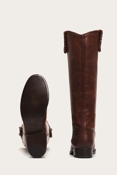 The Melissa equestrian-inspired tall boots are made from hard-wearing vintage vegetable tanned Italian leather in a pull-on design. Contoured through the ankle for support and the most flattering shape, they have a modernized topline and pull tabs that have been handcrafted with whipstitch detailing. Slight heel with leather soles. - Italian leather- Leather lined- Leather outsole- 15 1/2" shaft height- 14 1/2" shaft circumference- 1" heel height Riding Boots With Leather Sole And Saddle Shape, Vintage Riding Boots For Fall, Riding Boots With Leather Lining, Western Style Leather Knee-high Boots For Formal Occasions, Leather Knee-high Boots For Ranch, Wide Calf Leather Knee-high Boots For Ranch, Fall Riding Knee-high Boots With Leather Lining, Brown Knee-high Riding Boots For Fall, Brown Leather Knee-high Riding Boots