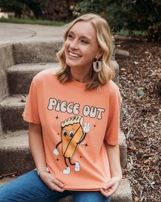 Piece out pie tshirt. Perfect gift for Thanksgiving fans. Funny thanksgiving shirt fall shirt vintage retro shirt. Great for matching groups parties festivals and outings in fall. Comfort Colors introduces its garment-dyed t-shirt; a fully customizable tee made 100% with ring-spun cotton. The soft-washed, garment-dyed fabric brings extra coziness to your wardrobe while the relaxed fit makes it an excellent daily choice. The double-needle stitching throughout the tee makes it highly durable while Retro Orange T-shirt For Fall, Casual Thanksgiving T-shirt With Letter Print, Casual Thanksgiving T-shirt With Graphic Print, Casual Thanksgiving Graphic T-shirt, Casual Thanksgiving Graphic Print T-shirt, Playful Pre-shrunk T-shirt For Fall, Playful Short Sleeve T-shirt For Fall, Playful Short Sleeve Fall T-shirt, Playful Crew Neck T-shirt For Fall