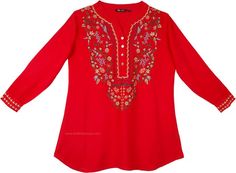 Coral Red Boho Tunic Top with Multicolored Embroidery | Tunic-Shirt | Red | Embroidered, XL-Plus, Misses, Vacation, Beach, Gift, Fall Red Kurta For Spring, Festive Eid Top With Embroidered Neckline, Spring Red Kurta With Resham Embroidery, Red Kurta With Resham Embroidery For Spring, Red Tops For Eid Festive Occasion, Red Festive Top For Eid, Red Top For Festive Occasion And Eid, Red Embroidered Top For Eid, Summer Red Kurta With Resham Embroidery