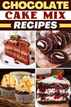 chocolate cake mix recipe collage with different types of cakes and desserts in the background