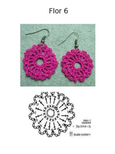 a pair of pink crocheted earrings on top of a green cloth with the words fl