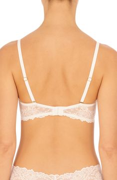 Sheer floral lace with scalloped edges creates a beautiful neckline in this strategically seamed balconette bra with straps that convert to expand your options. Partially lined Movable straps convert to X-back 85% nylon, 15% Lycra® spandex Hand wash, line dry Imported Fitted Balconette Bra With Lace Trim, White Lace Bra With Adjustable Straps, Lace Bra With Sweetheart Neckline And Lace Trim, Fitted Lace Trim Bra For Wedding, Fitted Bra With Lace Trim And Sweetheart Neckline, Elegant White Bra With Spaghetti Straps, Lace Bra With Adjustable Straps For Wedding, Fitted Lace Balconette Bra, Lace Wedding Bra With Adjustable Straps