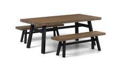 a wooden table with two benches next to it