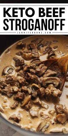 keto beef stroganone in a pan with a wooden spoon