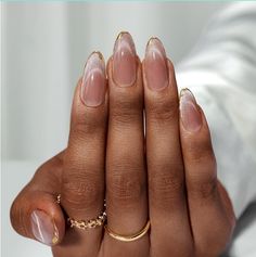 French Natural Nails Short, Subtle Snowflake Nails, Dainty Korean Nails, Gold French Nails Almond, Vacation Christmas Nails, Fall Nail Designs Cat Eye, Classy Pearl Nails, Gold Trim Nails, Shirt Almond Acrylic Nails