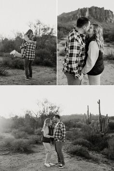 a man and woman kissing in the desert with cacti on the other side