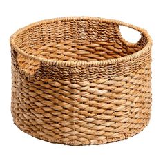 a large round basket with handles on the bottom and sides, made out of wicker