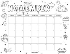 the november calendar is filled with doodles and autumn leaves, including an image of pumpkins