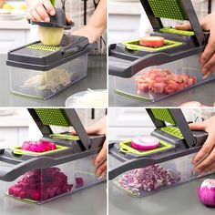 four pictures show how to cut onions and dice them into cubes with the help of an onion slicer