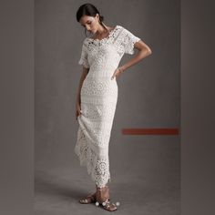 Anthropologie Summer Dream. Elegant Summer Crochet Dress, Elegant Fitted Crochet Maxi Dress, Elegant Fitted Knee-length Crochet Dress, Elegant Crochet Maxi Dress, Elegant White Crochet Maxi Dress, Chic Fitted Crochet Dress For Garden Party, Elegant White Maxi Crochet Dress, Elegant White Crochet Dress, Elegant Maxi Lace Dress For Brunch