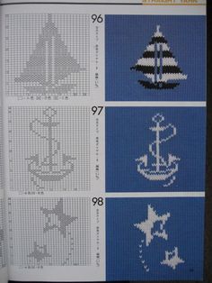 the cross stitch pattern is showing different types of boats and ships on blue fabric with white thread