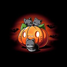 two cats sitting on top of a pumpkin with bats in the background and one cat laying next to it