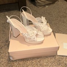 Brand New With Box! Bought For One Of My Wedding Events And Never Ended Up Wearing Size 9 (I Am Typically An 8.5 And This Brand I Find Runs Close To 1/2 Size Small) Smoke Free Home Box And Tissue Paper All Included! Open To Offers Glamorous White Wedding Guest Shoes, Glamorous White Shoes For Wedding Guests, Designer White Heels With Rhinestones, White Designer Heels With Rhinestones, Loeffler Randall Shoes White, Randall Loeffler Shoes, Loeffler Randall Wedding Shoes Blue, White Non-slip Open Toe Platform Slippers, Cream Sandals With Heel Loop, Medium Width