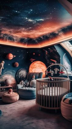 a child's room with planets and stars painted on the ceiling, including a crib