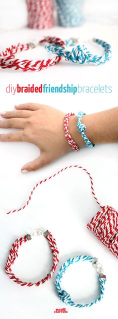 two hands are shown with red, white and blue braided bracelets on them