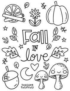 fall in love coloring page with mushrooms, leaves and acorns on white background