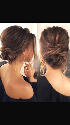 Pretty soft low bun updo / bridal hair wedding hair (low hair buns) #weddingdayhair #WeddingHairstylesUpdo Prom Hair Updo Curly, Low Bun Updo, Prom Hair Updo, Low Bun Hairstyles, Bun Updo, Bridal Hair Updo, Pin Up Hair, Updos For Medium Length Hair, Low Bun