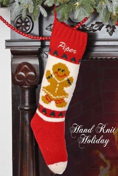 a knitted christmas stocking hanging from a mantel