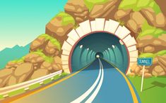 a road going into a tunnel with a sign in the foreground - miscellaneous illustrations