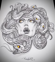 a drawing of a woman's face with a snake on her head and yellow eyes