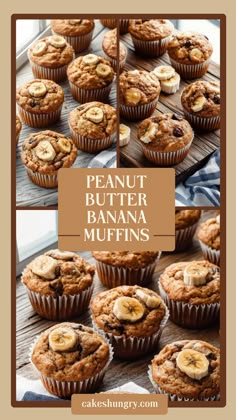 some banana muffins are sitting on a table with the words peanut butter and banana muffins