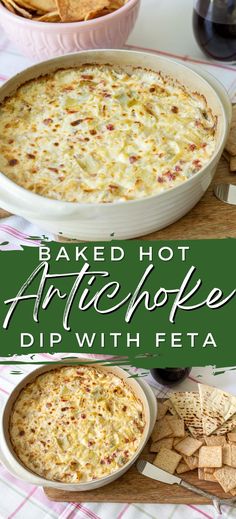 baked hot artichoke dip with feta in a casserole dish and crackers on the side