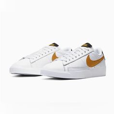 Nike Blazer Low Le White Shoes Sneakers Gold Swoosh Av9370-107 Womens Sz 11 Brand New Without Box Nike Sporty Tennis Sneakers, Nike Tennis Sneakers With Vulcanized Sole, Nike Tennis Sneakers With Round Toe, Nike Lace-up Tennis Sneakers, Nike Tennis Sneakers, Nike Tennis Sneakers With White Sole, White Low-top Running Shoes With Gum Sole, White Running Shoes With Gum Sole For Streetwear, Low-top Running Shoes With Gum Sole