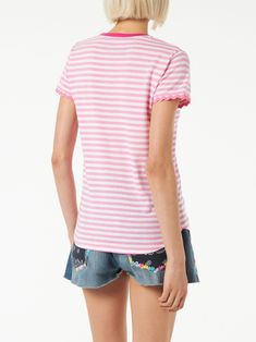 Woman t-shirtFucsia and white stripedSt. Barth embroideryRound neckShort sleeves with embroideryRegular fitTrue to sizeComposition: 100% cotton. Summer Short Sleeve T-shirt With Striped Hem, Pink Short Sleeve Top With Striped Collar, Summer T-shirt With Striped Design And Short Sleeves, Summer T-shirt With Striped Hem And Short Sleeves, Summer Crew Neck T-shirt With Striped Hem, Spring Crew Neck T-shirt With Striped Collar, Spring Cotton T-shirt With Striped Hem, Summer Cotton Top With Striped Hem, Cotton Summer Top With Striped Hem