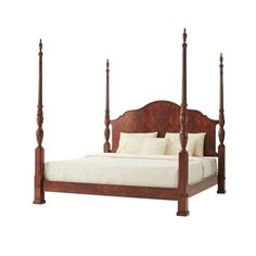 a wooden bed with four posts and pillows on top of the headboard, in front of a white background