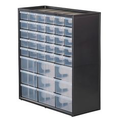 a black storage cabinet filled with lots of clear plastic bins and drawers on wheels