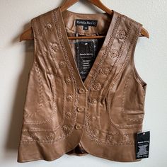 Pamela Mccoy Brown Braided Floral Leather Vest Nwt Size M Even Ships With The Original “Pamela Mccoy” Hanger Haha. Thrift Fits, Leather Vest, Coats Jackets Women, Vest Jacket, Women's Jacket, The Original, Coats For Women, Brown Leather, Braids