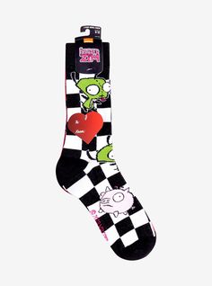 Get ready to invade Earth with these Invader Zim socks on! This set of crew socks are ready to take over your wardrobe  and feature a pair with a checkered pattern with GIR and pigs all over  plus a pig on a paint splatter pair. Scene Socks, Scene King, Scene Clothes, Invader Zim Gir, Zim Gir, Socks Aesthetic, Disney Valentines, Scene Outfits