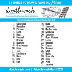 a list of things to draw and paint in mexico with the words doodlewash on it