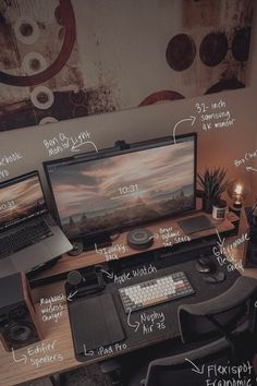 a desk with two laptops and a desktop computer on it, all labeled in different languages