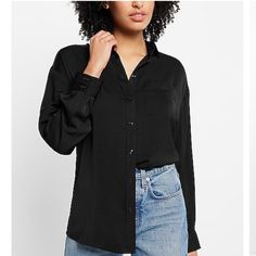 Brand New With Tags Size Xs Express Black Satin Boyfriend Button Up Shirt Blouse Top Tee Long Sleeve Size Xs Versatile Button-up Shirt, Versatile Black Blouse For Business Casual, Chic Long Sleeve Tops With Snap Buttons, Versatile Solid Shirt With Button Closure, Versatile Black Fall Shirt, Versatile Black Button-up Shirt, Versatile Button-up Tops For Business Casual, Chic Workwear Top With Snap Buttons, Chic Snap Button Workwear Top