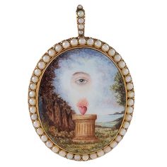 An 1800's English Georgian 18K gold and porcelain enamel memorial pendant with half pearls. This unique pendant is composed of symbolic elements of memorial jewelry. In this piece, the pearl frame signifies tears, the flaming heart and the lover's eye denote a passionate love that had ended. Momento Mori Jewelry, Memento Mori Jewelry, Lovers Eyes, Georgian Jewelry, Memorial Pendant, 1928 Jewelry, Porcelain Jewelry, Jewelry Armoire, Memorial Jewelry