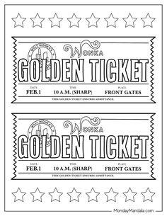 two tickets for the golden ticket contest are shown in black and white, with stars