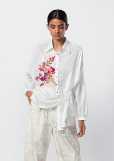 Saaksha & Kinni-White Oversized Embroidered Shirt-INDIASPOPUP.COM Intricate Mirror, Tie Up Shirt, Indian Fabrics, Stone Embroidery, Personal Shopping Service, Indian Fabric, Embroidery Techniques, Bold Prints, Bat Wings